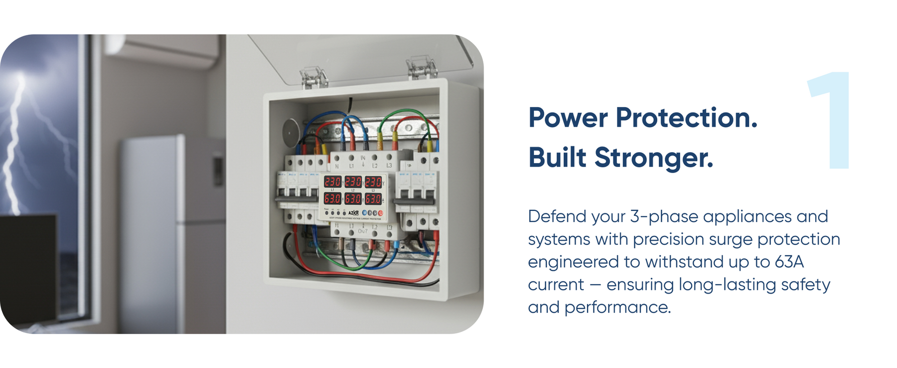 AZIOT 3-Phase Automatic Over/Under Voltage Protector 63A, 230VAC – Overcurrent, Phase-Loss & Imbalance Protection with Auto-Reconnect Function