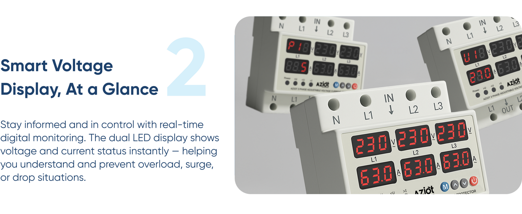 AZIOT 3-Phase Automatic Over/Under Voltage Protector 63A, 230VAC – Overcurrent, Phase-Loss & Imbalance Protection with Auto-Reconnect Function
