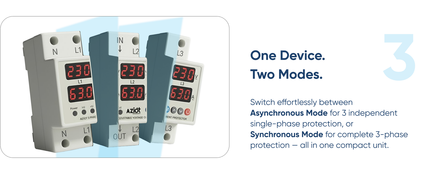 AZIOT 3-Phase Automatic Over/Under Voltage Protector 63A, 230VAC – Overcurrent, Phase-Loss & Imbalance Protection with Auto-Reconnect Function