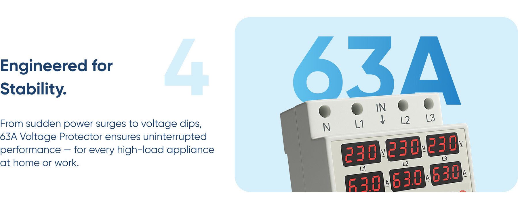 AZIOT 3-Phase Automatic Over/Under Voltage Protector 63A, 230VAC – Overcurrent, Phase-Loss & Imbalance Protection with Auto-Reconnect Function