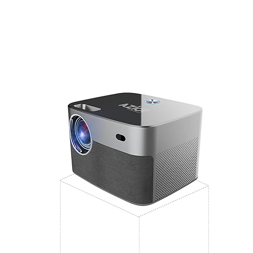 Aziot 200" Signature 4K Smart Projector with a black exterior, featuring a large screen and a built-in speaker.