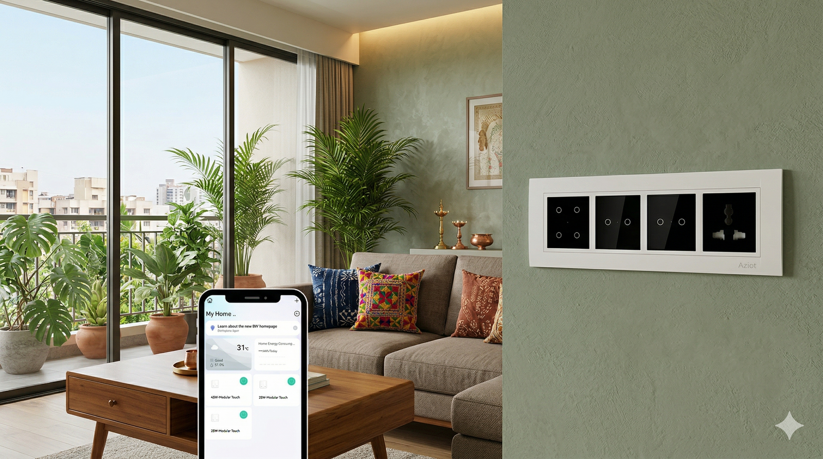 Aziot 6 Module Switch Board Plate | Smart 4 Touch, 2 Touch SW & Socket (Glass Finish) | WiFi+BLE | Google, Alexa & Siri (Black) by AZIOT