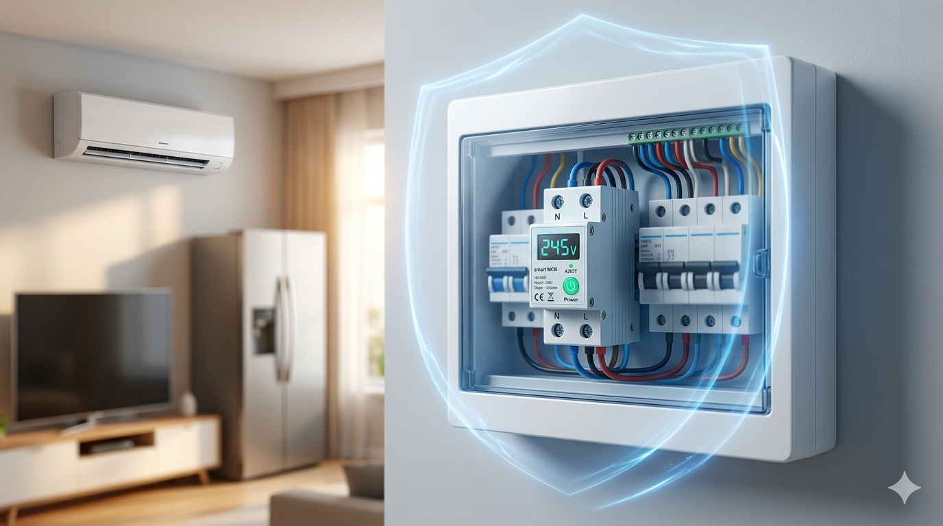 AZIOT smart MCB in a home distribution board protecting an AC, fridge and TV from voltage fluctuations