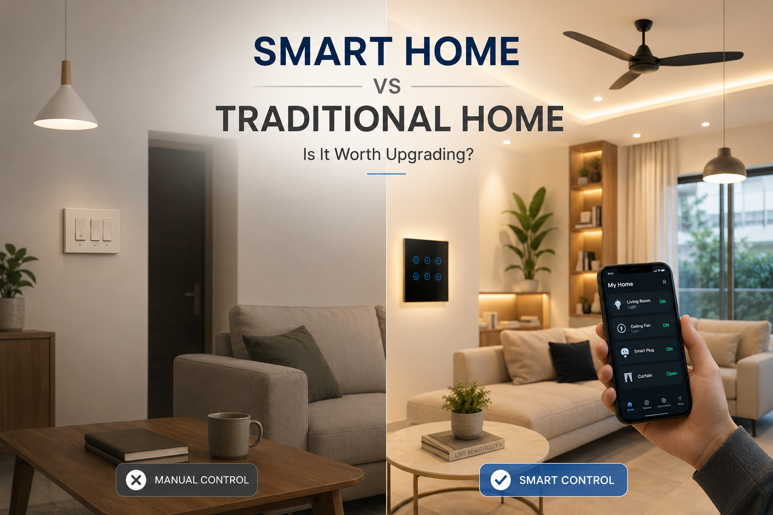 Smart home versus traditional home comparison showing automation, security, lighting, and mobile app control