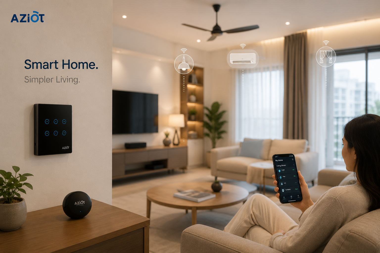 Modern Indian smart home with smart switches lighting smart lock and mobile app control