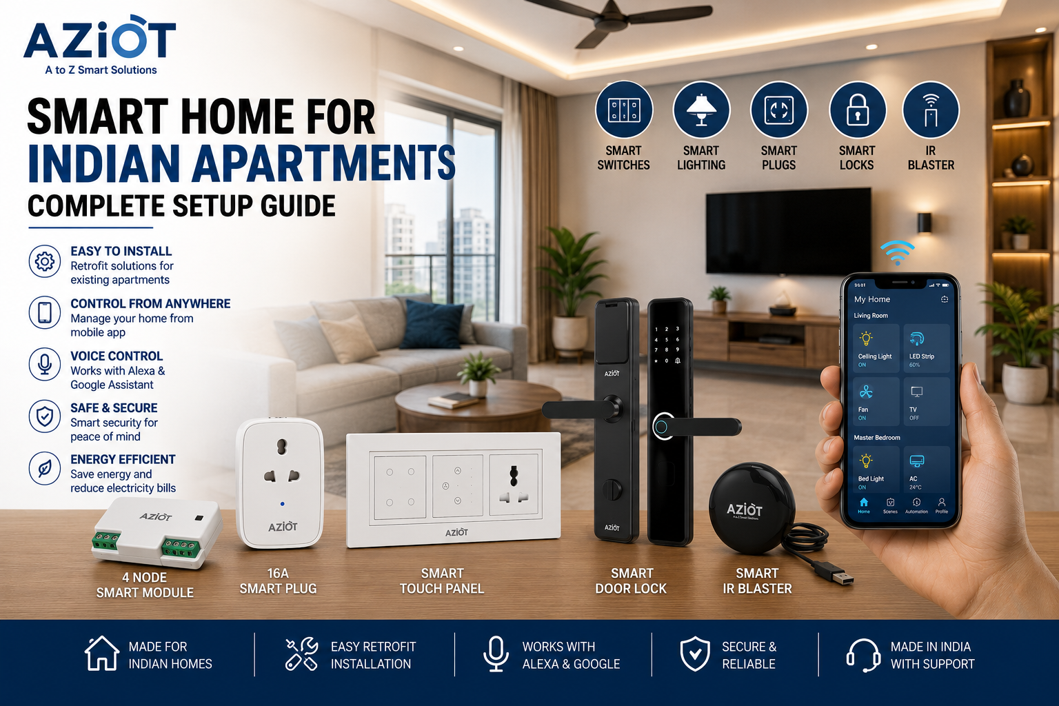 Modern Indian apartment with smart home automation devices and AZIOT smart products