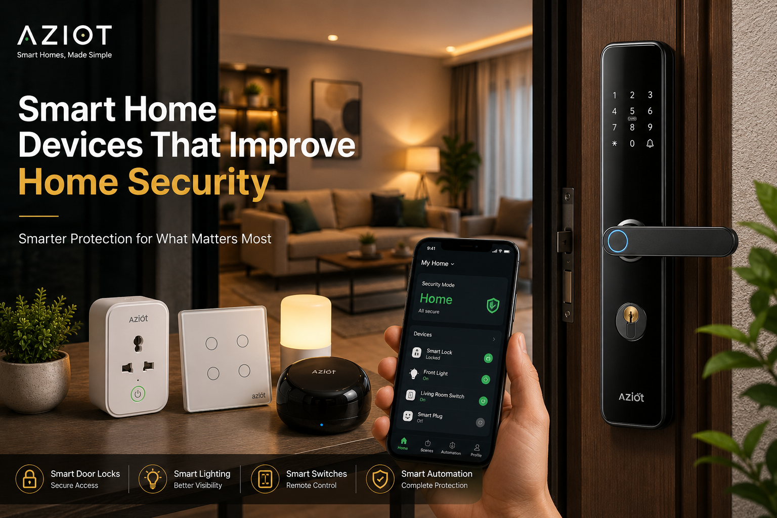 Smart home security devices in India featuring smart door lock, smart lighting, smart switch, and mobile app control for safer modern Indian homes.