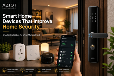 Smart home security devices in India featuring smart door lock, smart lighting, smart switch, and mobile app control for safer modern Indian homes.