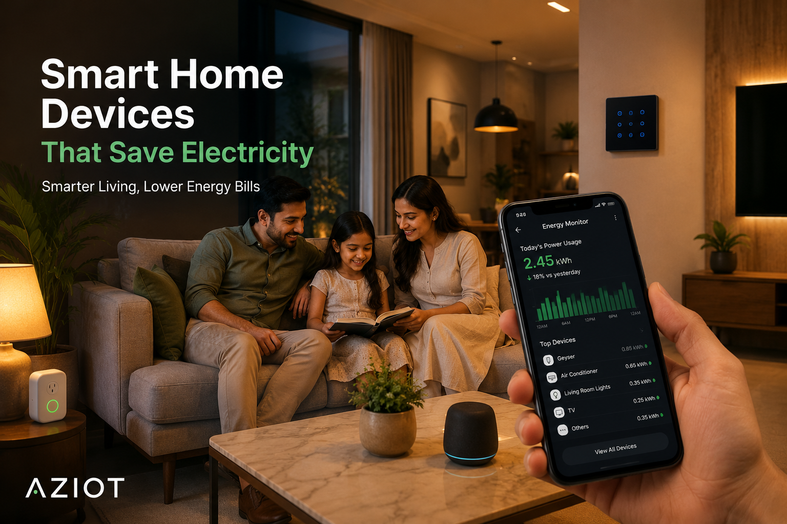Smart home devices that save electricity in India, modern Indian family using smart home automation with smart plug, smart switch, energy monitoring app, and smart lighting to reduce electricity bills.