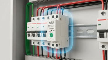 AZIOT WiFi smart MCB with surge and voltage protection on a DIN rail in an Indian home distribution board