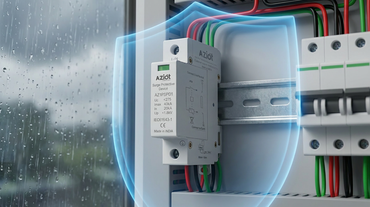 AZIOT surge protection device on a DIN rail protecting an Indian home during monsoon