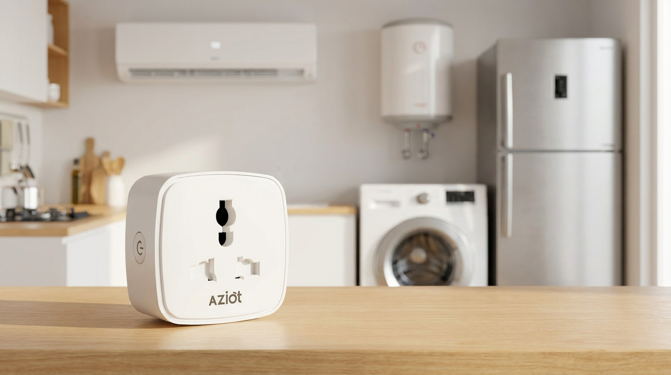 AZIOT smart plug with home appliances — AC, geyser, washing machine and fridge