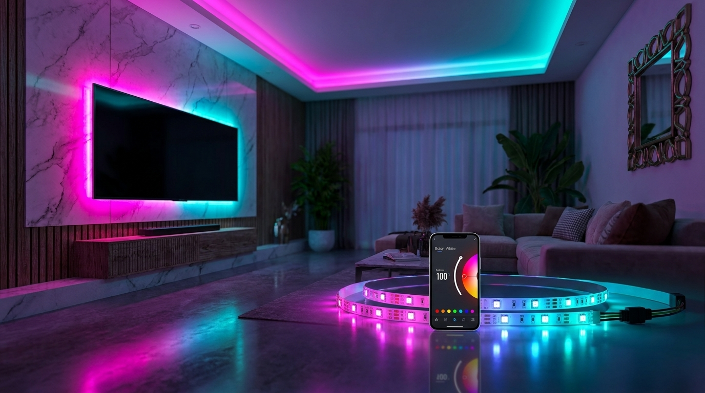 AZIOT RGB LED strip lighting ideas in a modern Indian living room
