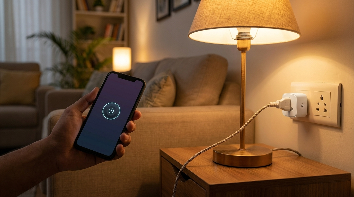 AZIOT 10A smart plug plugged into a wall socket powering a lit table lamp in a rented Indian apartment