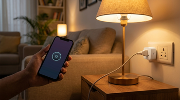 AZIOT 10A smart plug plugged into a wall socket powering a lit table lamp in a rented Indian apartment