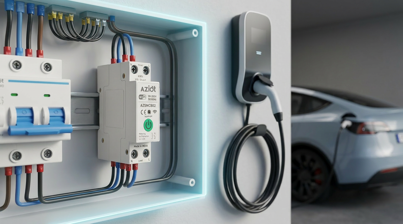 AZIOT 63A slim DIN-rail smart circuit breaker mounted in a home distribution board next to an EV charger