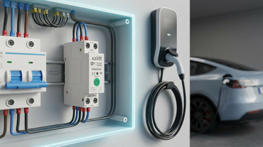 AZIOT 63A slim DIN-rail smart circuit breaker mounted in a home distribution board next to an EV charger