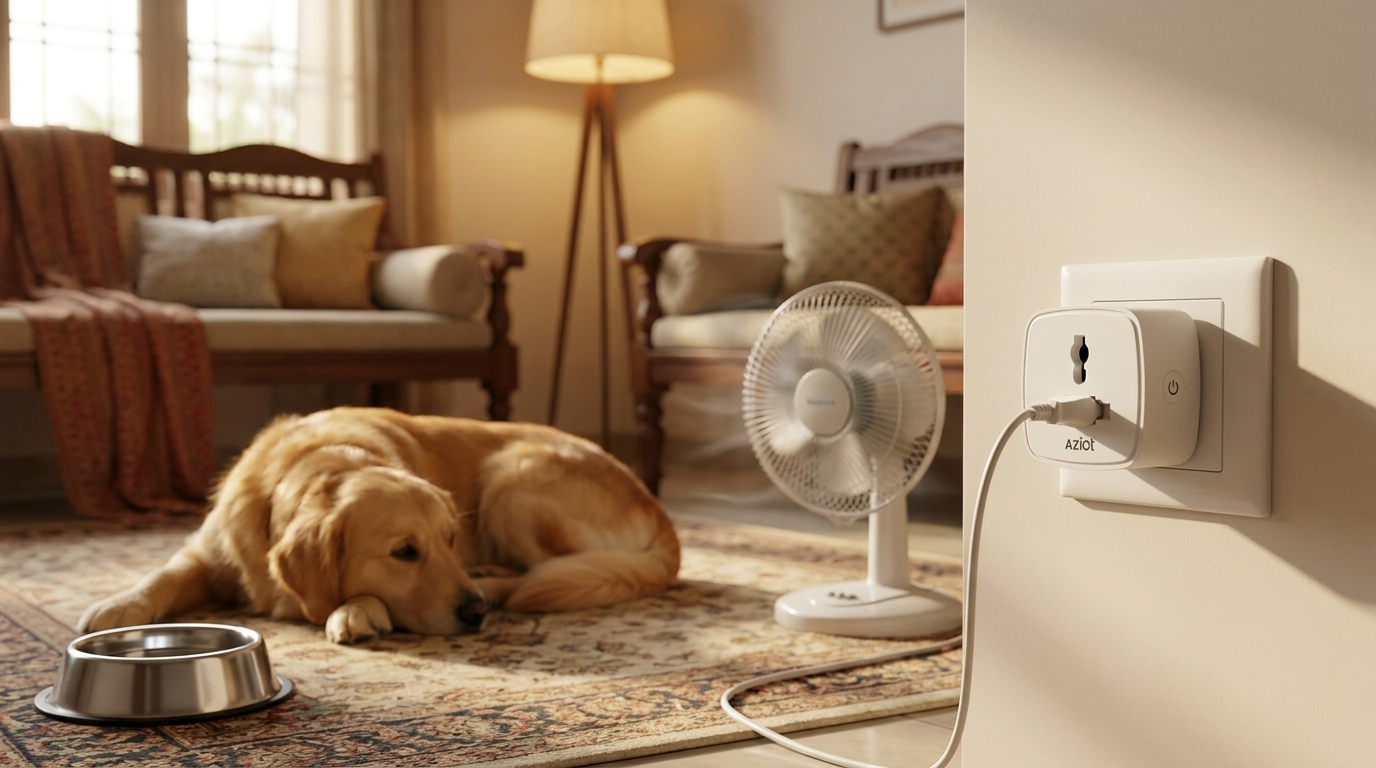 AZIOT smart plug keeping a pet comfortable in an Indian home
