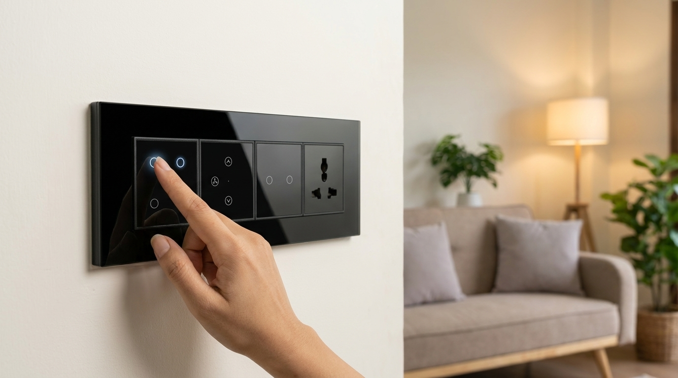 AZIOT all-touch modular smart switch board wall-mounted in a modern Indian living room