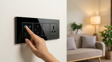 AZIOT all-touch modular smart switch board wall-mounted in a modern Indian living room