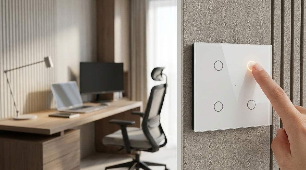 AZIOT 4-gang touch switch beside a home office desk for work-from-home