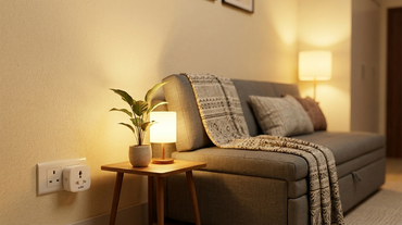 AZIOT smart plug powering a lamp in a compact 1BHK studio apartment in India