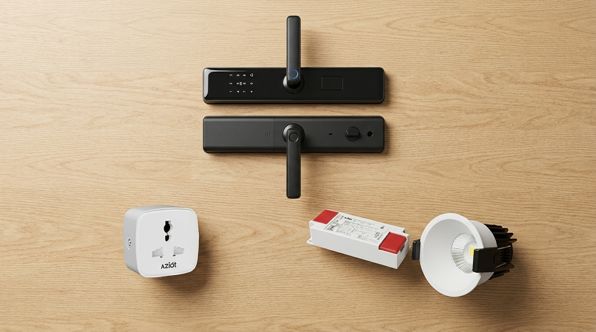 AZIOT smart home devices — door lock, smart plug and smart light — across categories