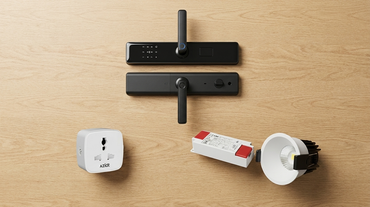 AZIOT smart home devices — door lock, smart plug and smart light — across categories