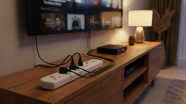 AZIOT 4 socket smart extension board powering a TV unit in an Indian living room