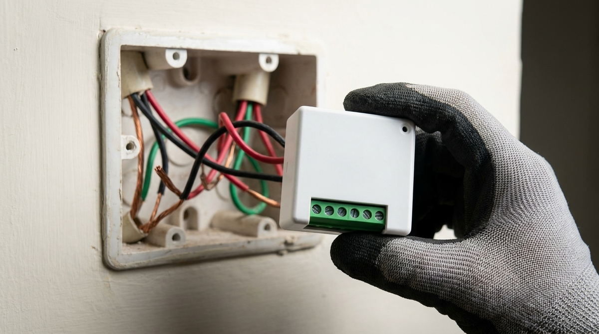AZIOT 4 node mini smart switch module fitted behind an open switchboard