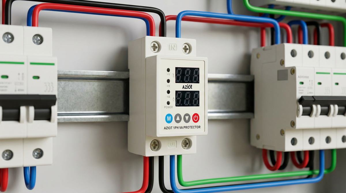 AZIOT over under voltage protector mounted on a DIN rail in an Indian home distribution board