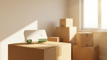 AZIOT 8 node smart switch on a moving box in a new empty Indian apartment