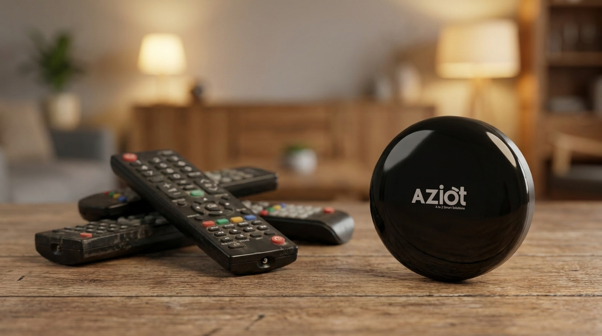 AZIOT IR Blaster replacing a pile of old TV and AC remote controls