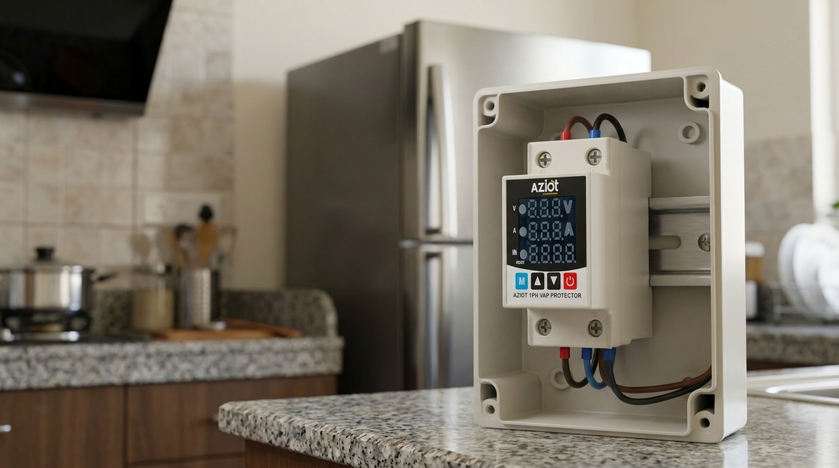 AZIOT voltage and current protector protecting a refrigerator in an Indian kitchen