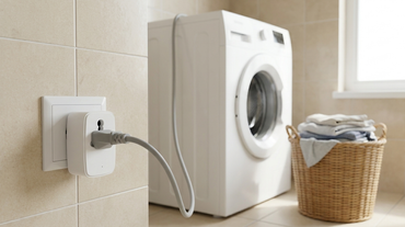 AZIOT 16A smart plug powering a washing machine in an Indian utility area