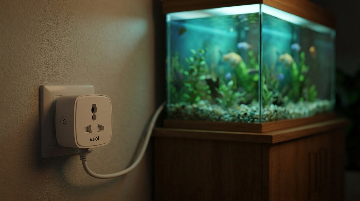 AZIOT smart plug powering aquarium light and filter in an Indian home