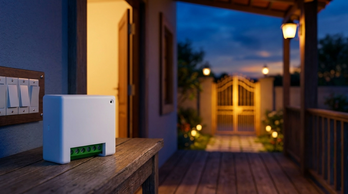 AZIOT 2 node smart switch automating gate and garden lights at dusk