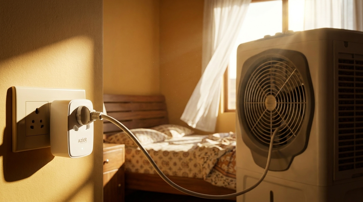 AZIOT 16A smart plug powering an air cooler on a hot Indian summer afternoon