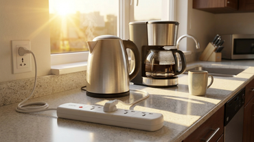 AZIOT smart extension board powering a kettle and coffee maker in a morning kitchen