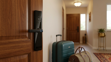 AZIOT smart door lock with packed suitcase ready for travel