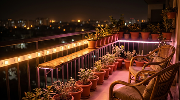 AZIOT RGB strip lighting on an Indian apartment balcony at night