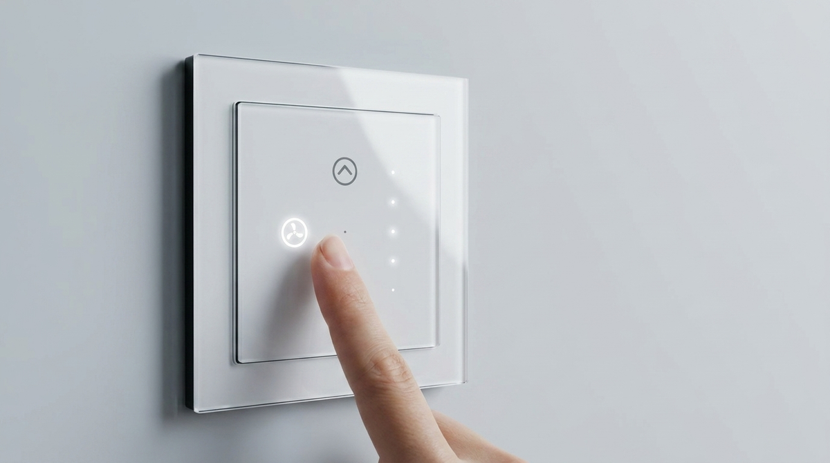 AZIOT modular fan regulator touch switch with a fingertip touching the glass