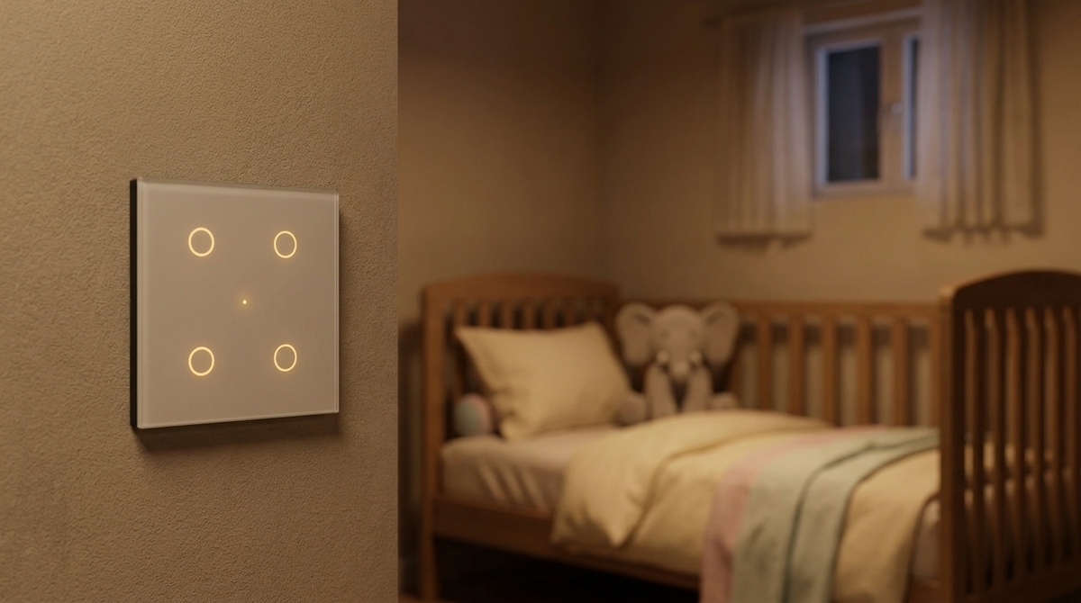 AZIOT touch switch dimly glowing in a baby nursery at night