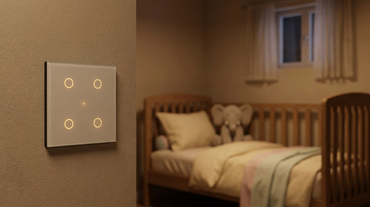 AZIOT touch switch dimly glowing in a baby nursery at night