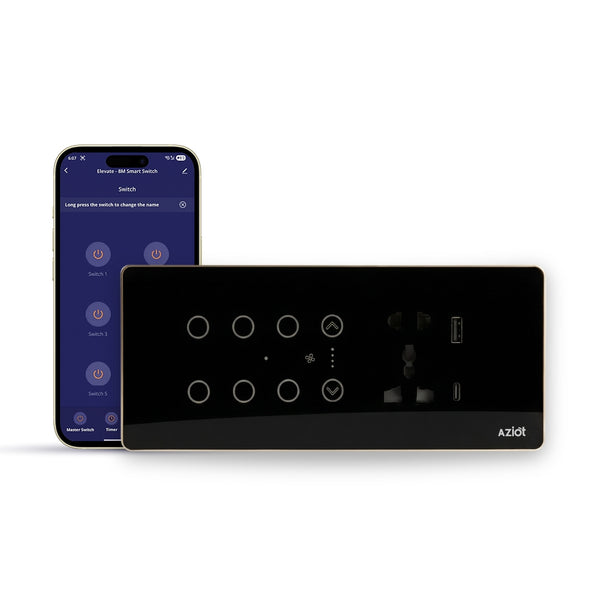 AZIOT Smart Premium Toughened Glass Touch Switch Panel | Elevate 8 Module (6 Switch + Fan + Socket) | WiFi + BLE | No Hub Required | Works with Alexa, Google Assistant & Siri