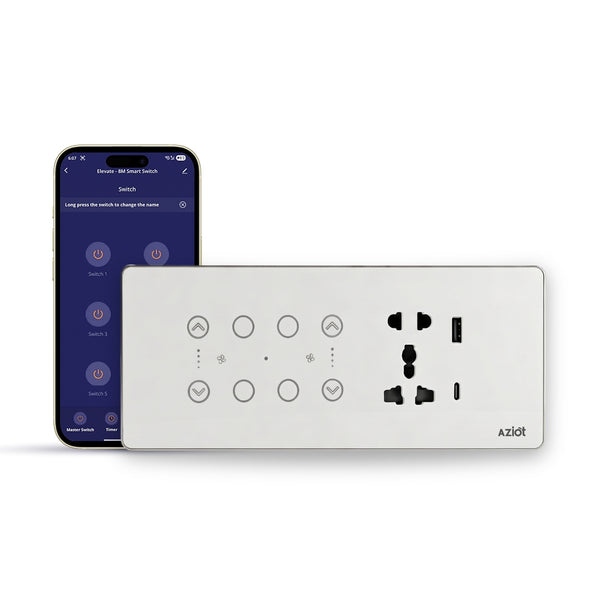 AZIOT Smart Premium Toughened Glass Touch Switch Panel | Elevate 8 Module (4 Switch + 2 Fan + Socket) | WiFi + BLE | No Hub Required | Works with Alexa, Google Assistant & Siri