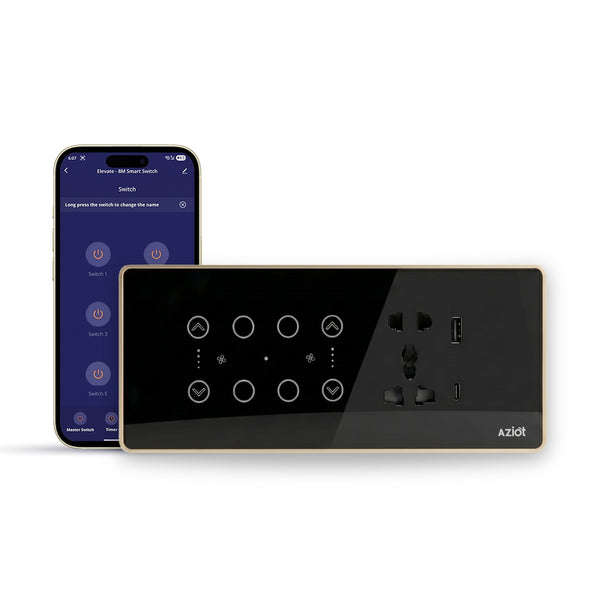 AZIOT Smart Premium Toughened Glass Touch Switch Panel | Elevate 8 Module (4 Switch + 2 Fan + Socket) | WiFi + BLE | No Hub Required | Works with Alexa, Google Assistant & Siri