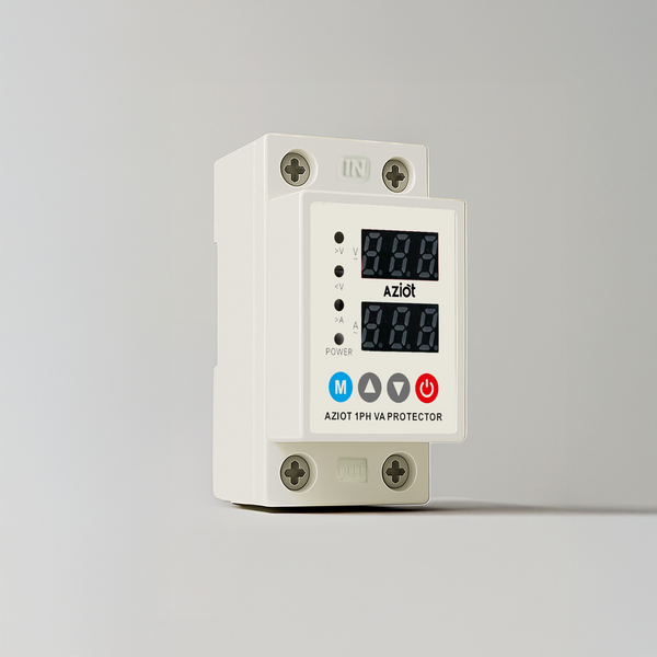 AZIOT Automatic Over/Under Voltage & Overload Protector with Adjustable Settings, Auto Reconnect, LED Display – Single Phase 230V, 63A (13.8kW) DIN Rail Mounted