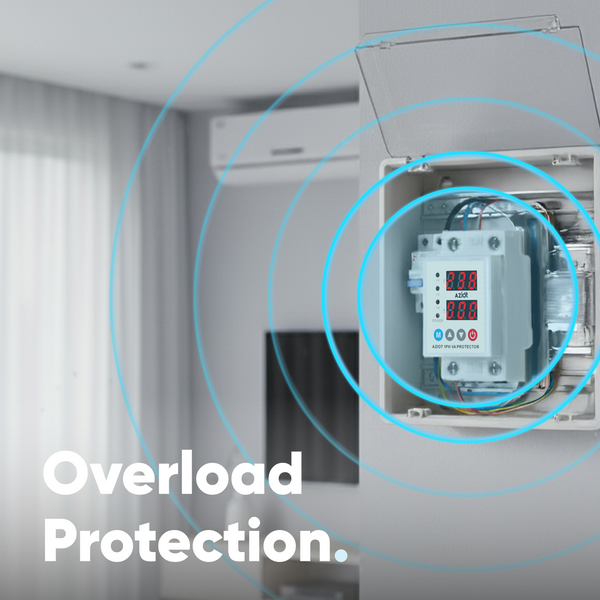 AZIOT Automatic Over/Under Voltage & Overload Protector with Adjustable Settings, Auto Reconnect, LED Display – Single Phase 230V, 63A (13.8kW) DIN Rail Mounted