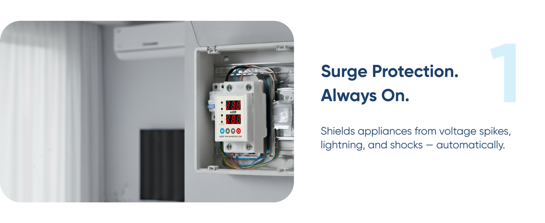 AZIOT Automatic Over/Under Voltage & Overload Protector with Adjustable Settings, Auto Reconnect, LED Display – Single Phase 230V, 63A (13.8kW) DIN Rail Mounted